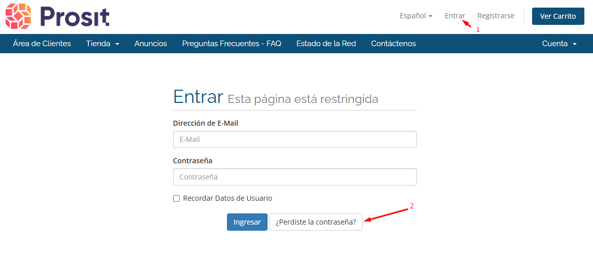 Recuperar contraseña de cuenta en Prosit